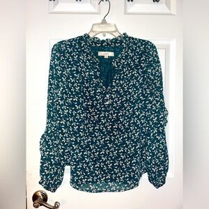 LOFT Women's Teal and White Floral Top Medium Petite